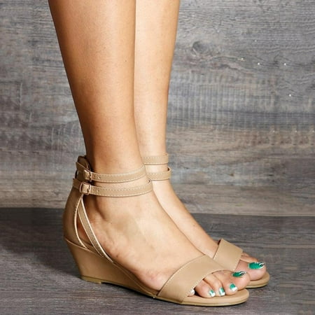 

〖Yilirongyumm〗 Beige 38 Sandals Women Open Bottom Heel Buckle Thick Toe Fashion Sandals Roman Wedge Belt Women s Sandals