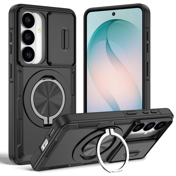 Dteck Magnetic Case for Samsung Galaxy S26,Shockproof TPU PC Case Compatible with Mag Safe 360° Rotating Ring Holder Kickstand Sliding Cover,Black