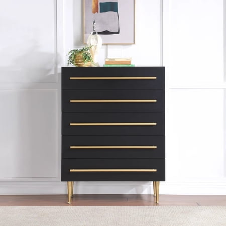 Contemporary 5-Drawer Chest with Gold Accent 1 Piece Drawer Dresser for Bedroom Wooden Storage Unit Black