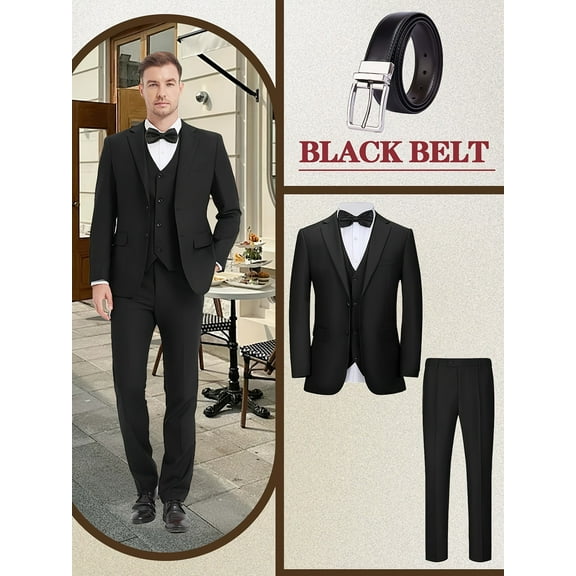 Beauty-Emily Men’s 4-Piece Executive Business Suit, Slim Fit Two-Button Blazer, Vest, Pants & Belt – Professional Formalwear