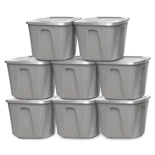 Homz 10-Gal Heavy Duty Plastic Storage Container, Titanium Silver (8 Pack)