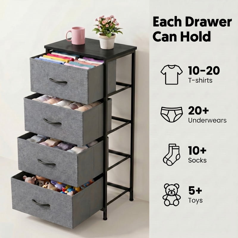 BEAUTYPEAK 4-Drawer Fabric Dresser Nightstand Bedside Table with Wood Top Adjustable Feet, Gray