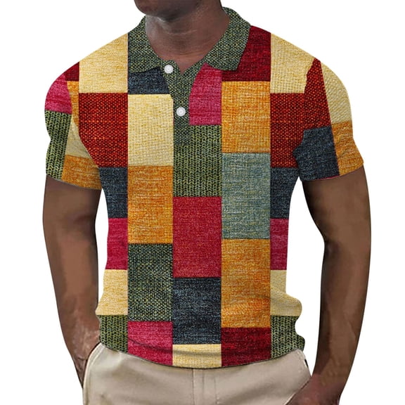 Bibifish Mens Polo Shirts Multi Color Square Block Patch Shirts Mens Spring Summer Daily Outdoor Wear Tops