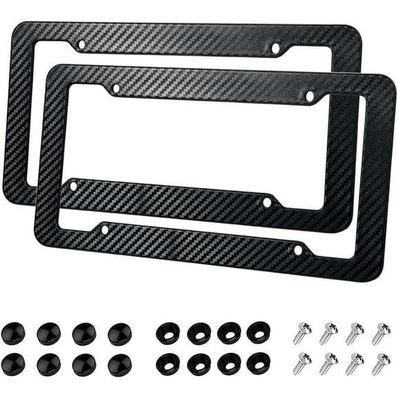 2 Pack License Plate Frames,Carbon Fiber License Plate Frame,Car Tag Cover for Front & Rear with Fasteners and Screws,4 Hole Universal Holder Waterproof Plastic Number Plate Frame
