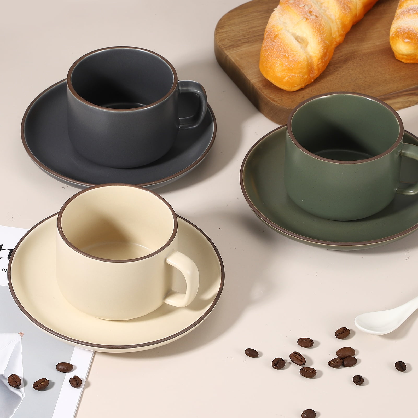 Uxcell Handmade Vintage Espresso Cups, 8 oz Coffee Cups and Saucers Ceramic Tea Cup with Handle Dishwasher and Microwave Safe for Latte Cappuccino Milk Office Home Gifts, Pure Dark Green