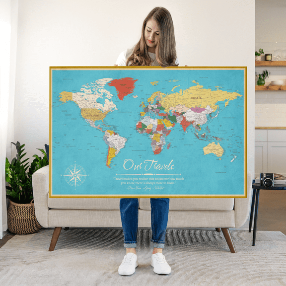 Elephant Stock Our Travels Push Pin World Map I Wall Art - Map Canvas Art - 12" x 8"