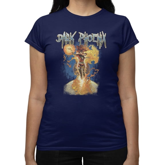 Marvel X-Men Women's Jean Grey Dark Phoenix Fire Distressed T-Shirt (Iris Navy, S-XXL)
