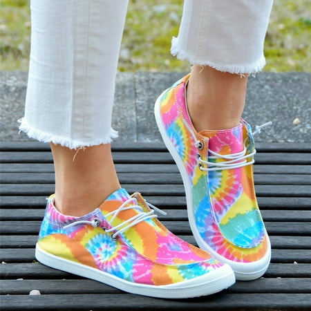 uikmnh Women Shoes Women Slip On Shoes Tie Dye Non Positioning Printing Flat Sneakers Fashion Casual Lace Up Casual Shoes Soft Sole Sneakers Yellow 8
