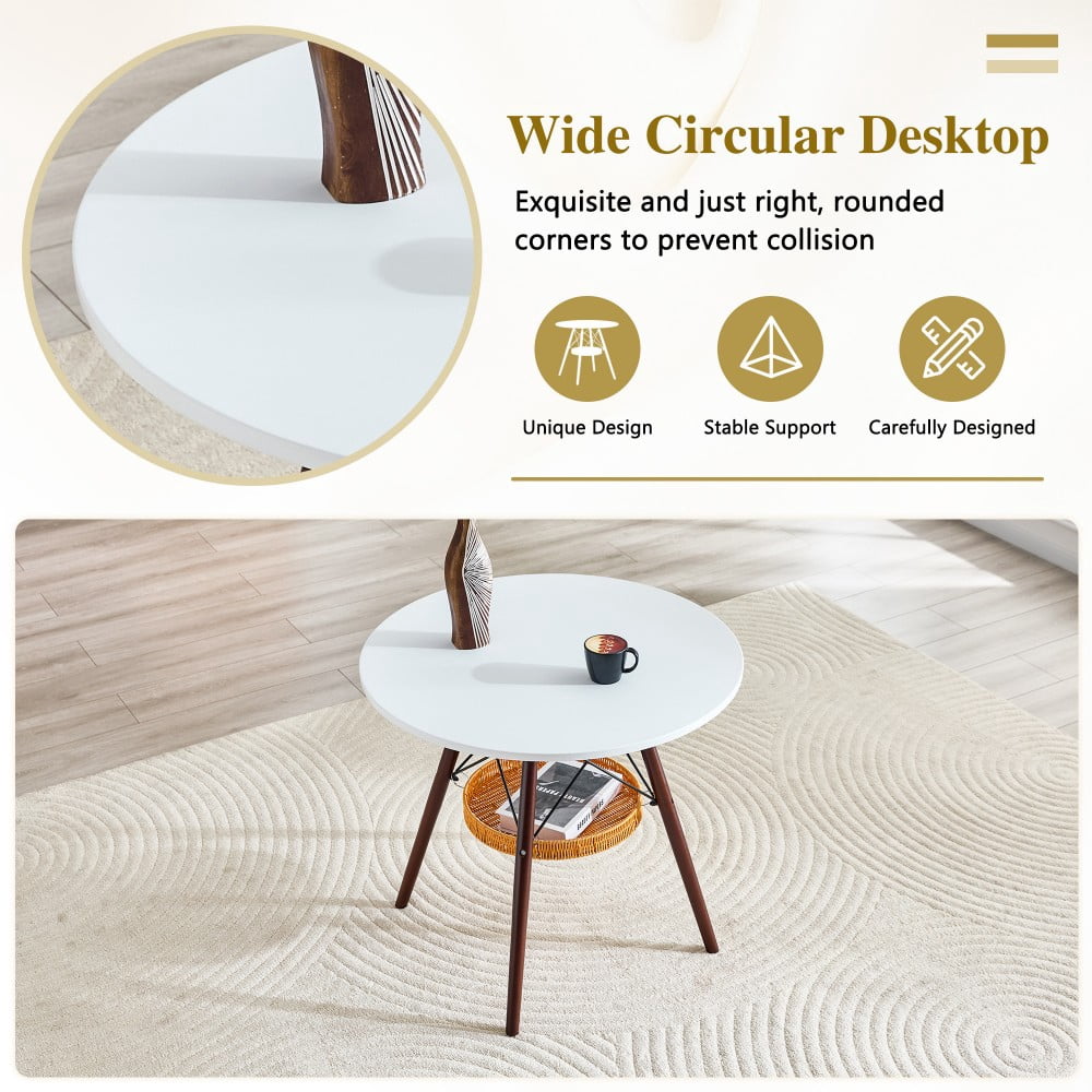 31.5" Round Dining Table, White MDF Vacuum-Formed Tabletop with Walnut Solid Wood Legs, Woven Storage Basket, Modern Kitchen Table for 2-4