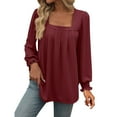 thumbnail image 3 of Womens Puff Long Sleeve Tops Square Neck Shirts Pleated Solid Color Blouses Summer Loose Casual Basic Tee (Wine XXL), 3 of 6