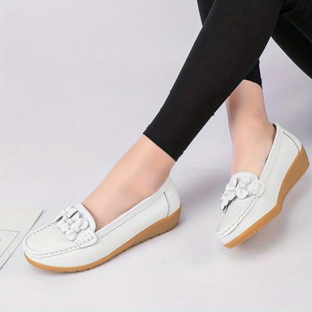 

Women s Casual Slip On Faux Leather Shoes Comfortable Bowknot Decor Wedge Loafers Walking Shoes