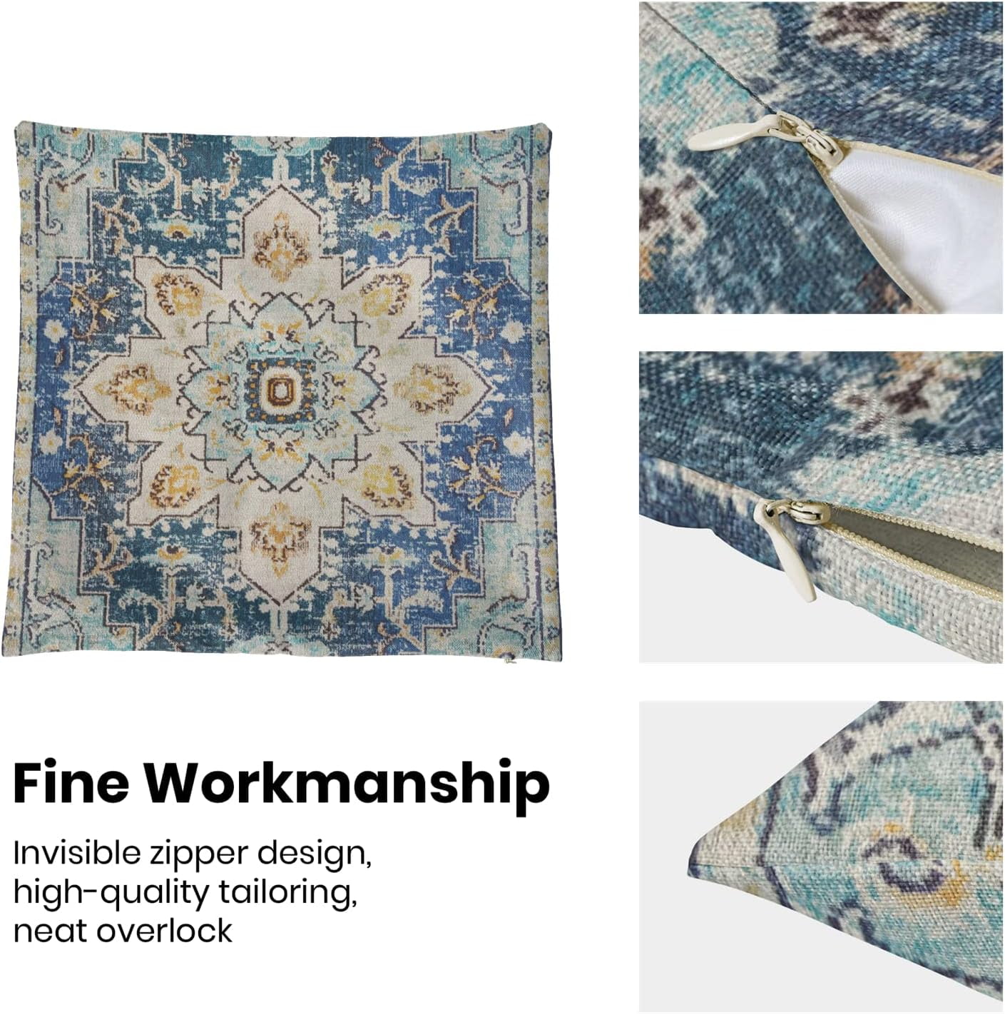 Boho Pillow Covers Set of 2 18x18 Inch Blue Yellow Carpet Pattern Decorative Throw Pillows with Linen Ethnic Design for Farmhouse Sofa Couch Outdoor Decor Add Global Charm to Your Space