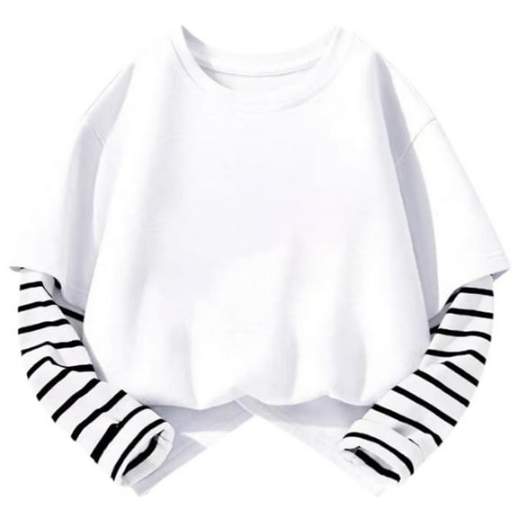 idosla Girls Long Sleeve Shirts Casual Color Block Loose Oversized Tees Blouse Crewneck Pullover Fall Basic Sweatshirts (White, 11-12 Years)