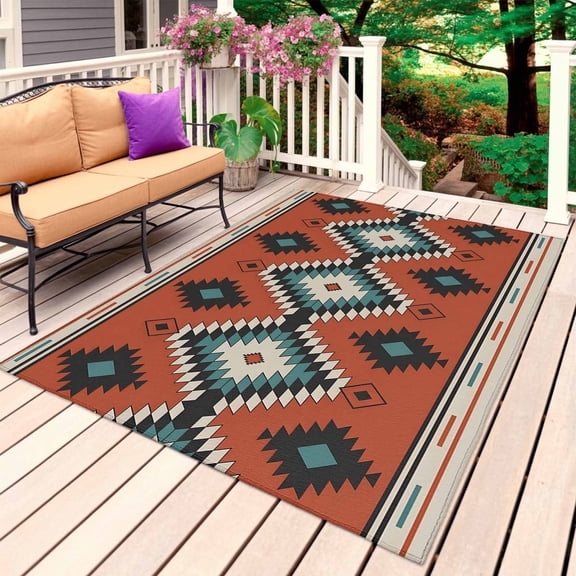 Aztec Southwest Outdoor Rug for Patio/Deck/Porch, Non-Slip Large Area Rug 5 x 8 Ft, Orange Red Geometric Abstract Art Indoor Outdoor Rugs Washable Area Rugs, Reversible Camping Rug Carpet Runner