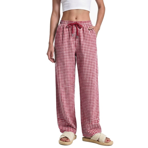 Sundazz Womens Gingham Pants Cotton Wide Leg Lounge Pants Cute Pajama Pants Comfy Casual Pants,Red,M