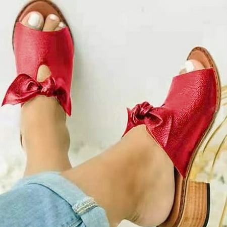 

VerPetridure Medium Heel Sandals for Women Summer Thick Heel Comfortable Bow Buckle Sandals Beach Slippers