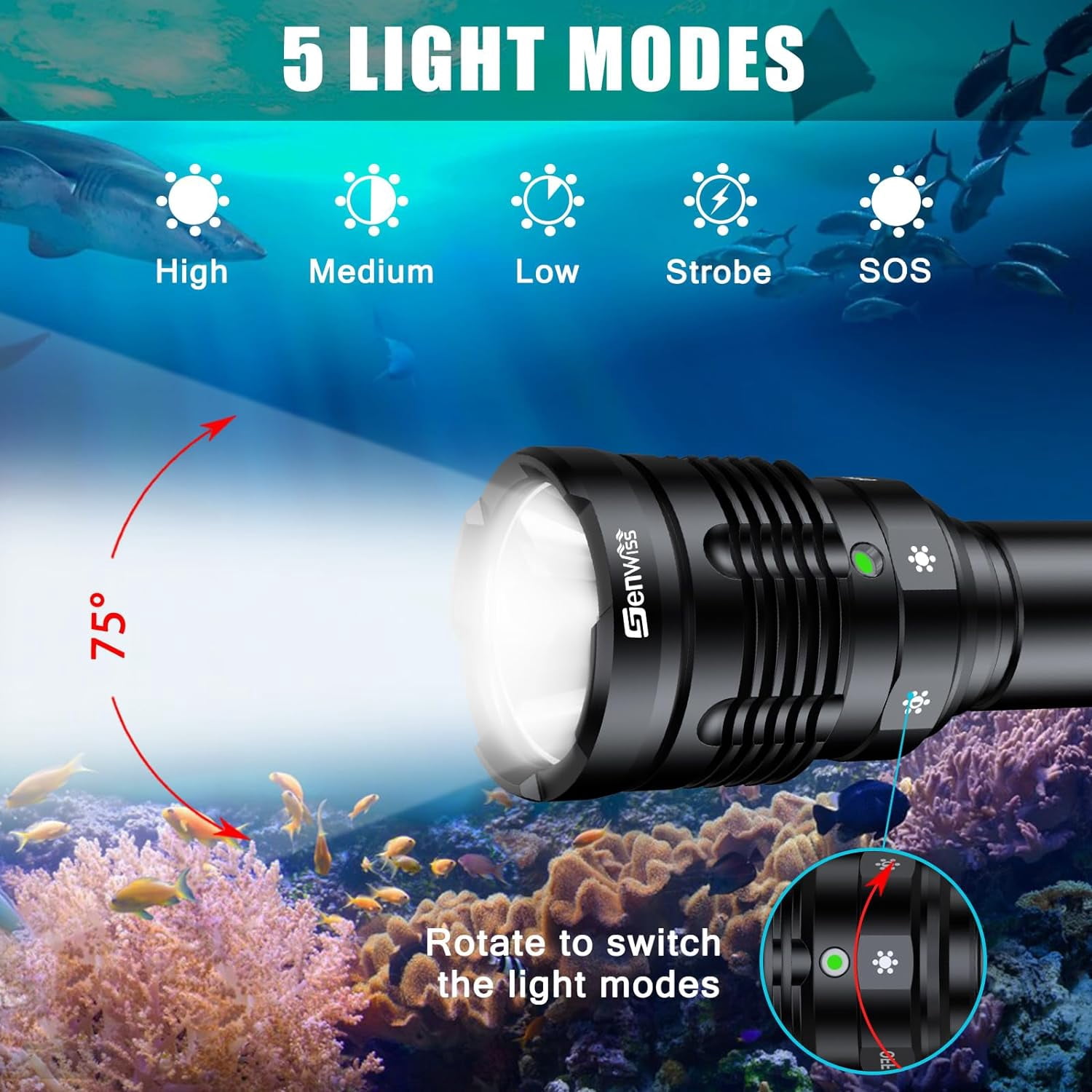 Genwiss Dive Lights Scuba Diving, 5 Modes Rechargeable Underwater Flashlight, 80M Waterproof Dive Flashlight with Battery and Charger for Snorkeling