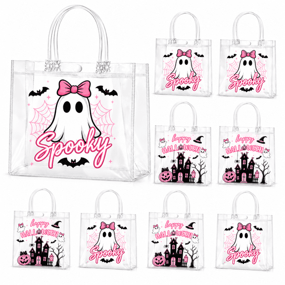 YuHangHu 24 Pcs Pink Halloween Treat Bags with Handles, Clear PVC Candy Bags with Ghost Bat Design for Trick or Treat Party Favors Candy Gifts