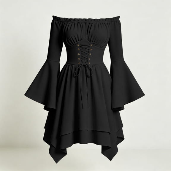 Guieoi Womens Dresses Long Sleeve Medieval Renaissance Court-Style Batwing-Sleeve Off-Shoulder Ruffled Hem Midi Dress Black L