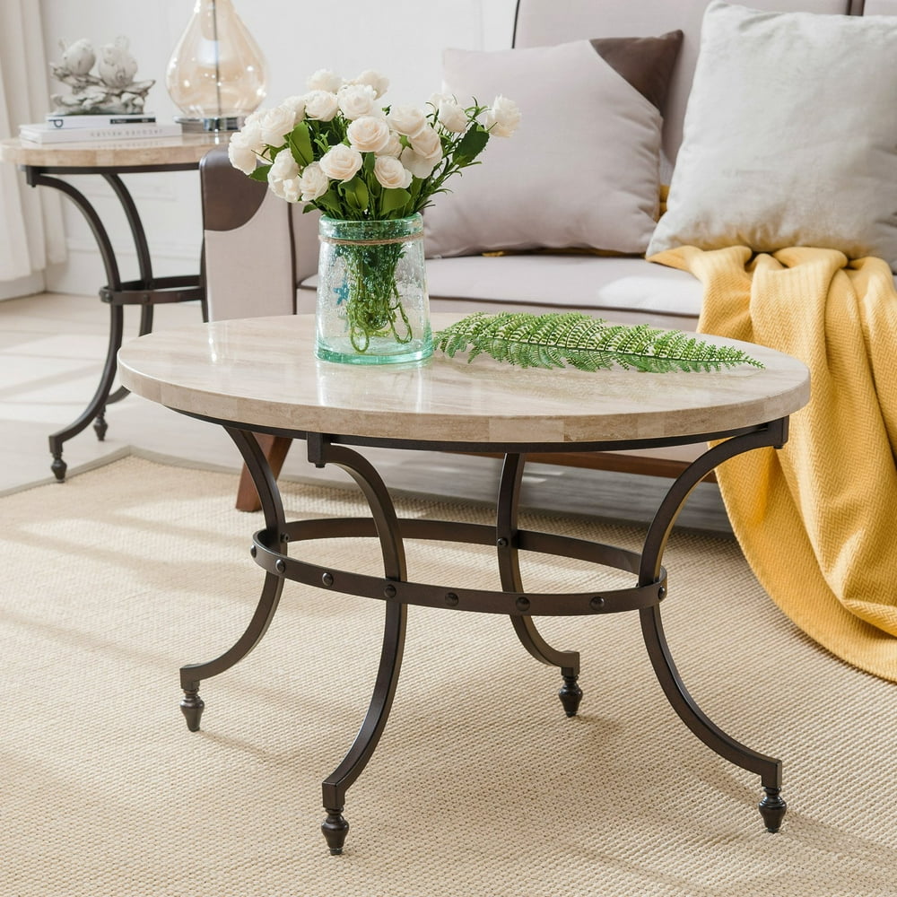 Leick Home Oval Travertine Stone  Top  Coffee Table  with 