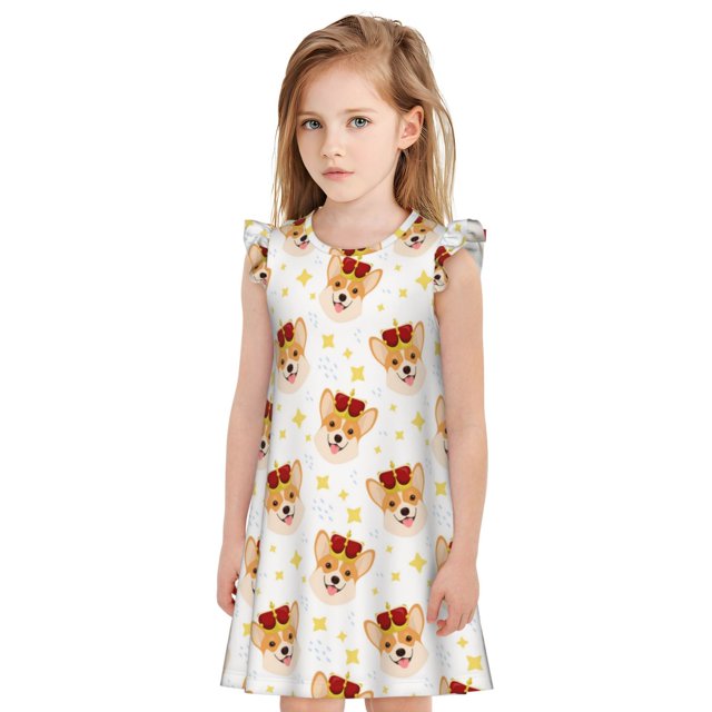 Fotbe Funny Corgi Vestido de Dormir para Niñas de 3 a 10 Años, Mangas Cortas, Estilo Princesa, Pijama Camisón con Mangas Voladas-XX-Large
