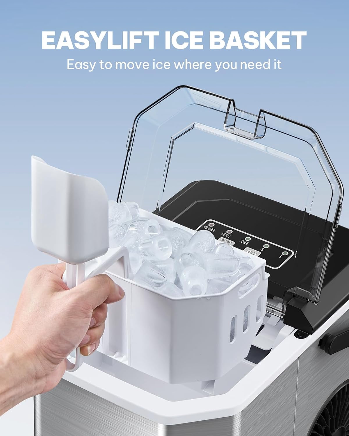 Ice Maker Countertop Machine with Handle, 26lbs in 24h, 9 Ice Cubes Ready in 6 Mins, Self-Cleaning Ice Makers with Basket and Scoop, Ideal for Home, Kitchen, Camping, RV