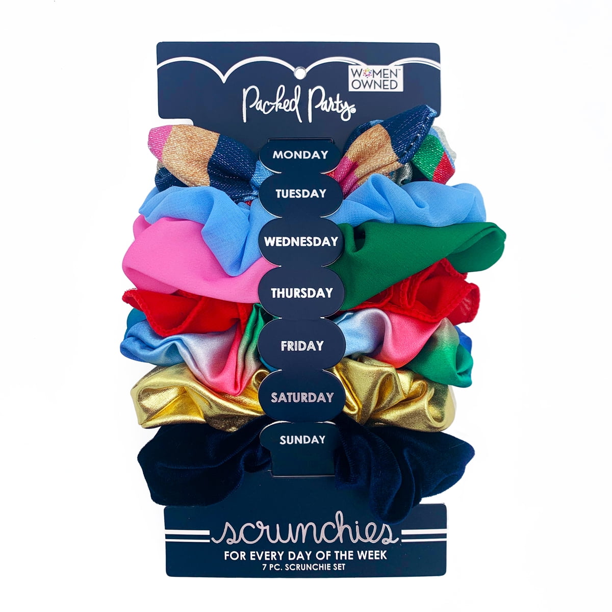 Packed Party Days of the Week Scrunchie Set, Scrunchies in Variety of Colors and Materials, Ponytail Holder, 7 Count