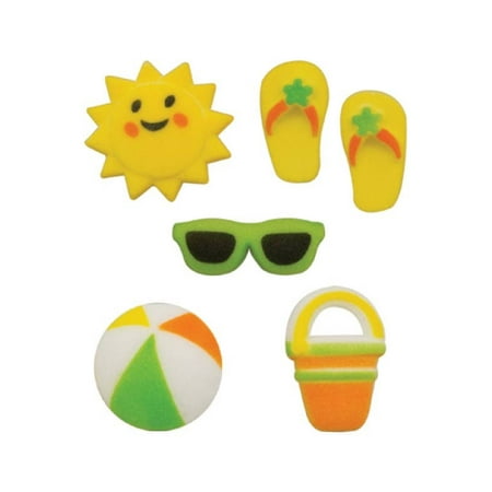 Summer Fun Asst. Pail Flip Flops Beach Ball Sun Glasses Sugar Decorations Toppers Cupcake Cake Cookies Birthday Favors Party 12 Count
