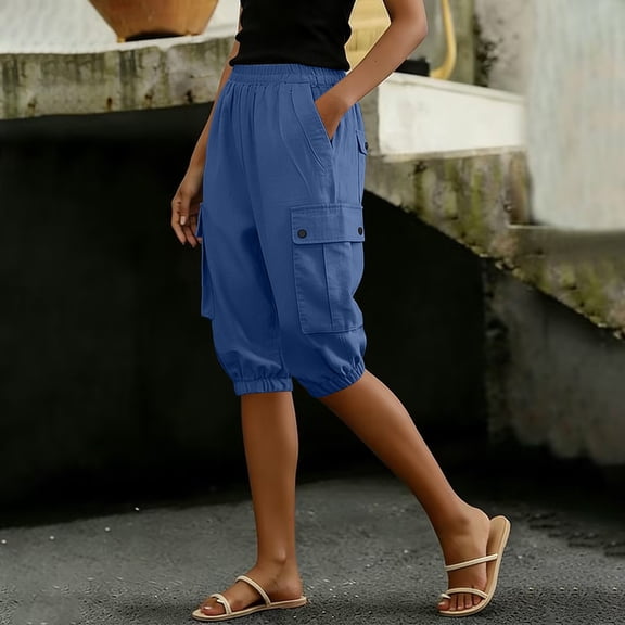Cagogo Women Plus Size Cargo Capri Pants with Pockets Casual Loose Elastic Waist Shorts Vacation Beach Travel Lounge Trousers Summer Daily Wear, Blue 2XL