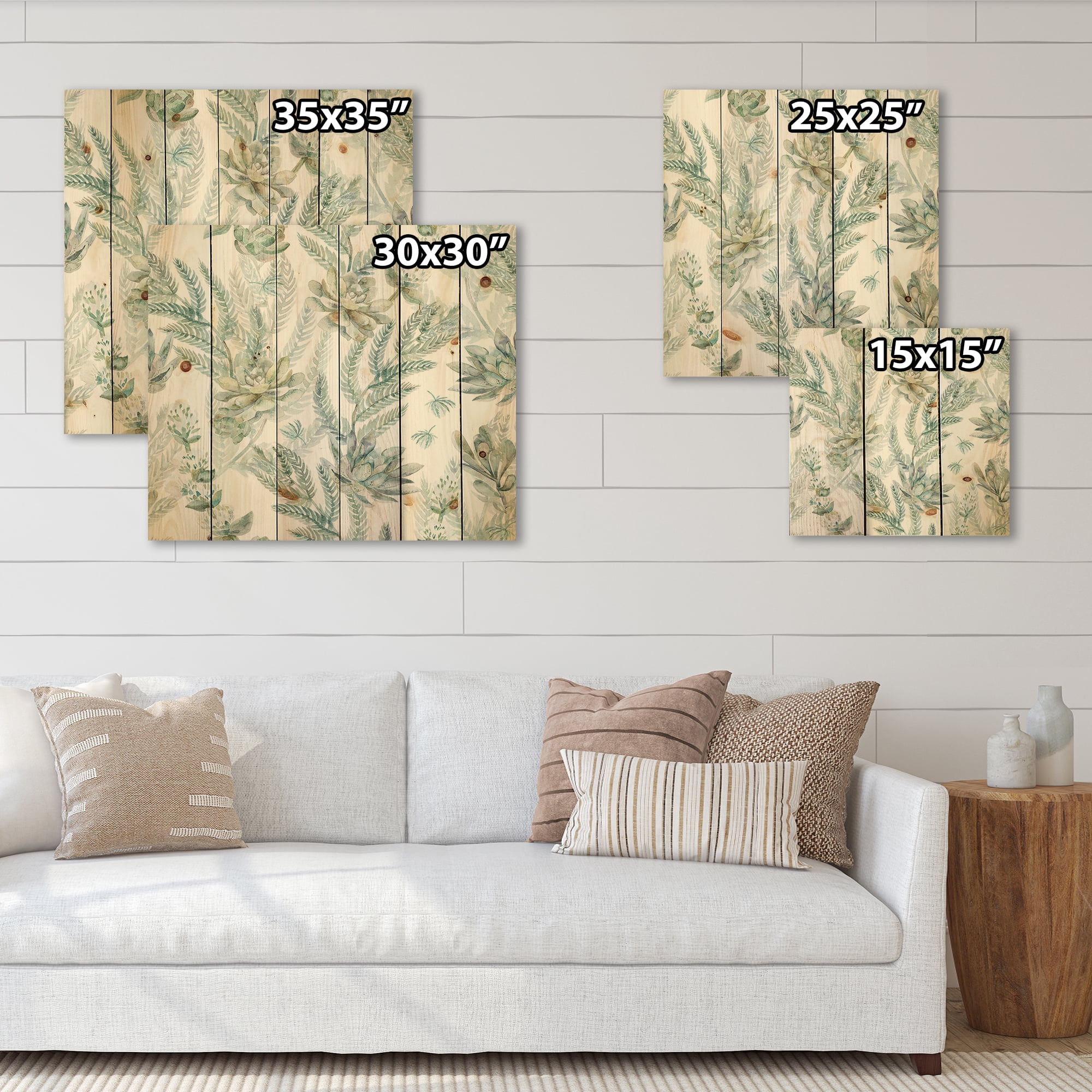 Designart 'Floral Seamless Pattern Succulents and Ferns Thorns' Farmhouse Print on Natural Pine Wood