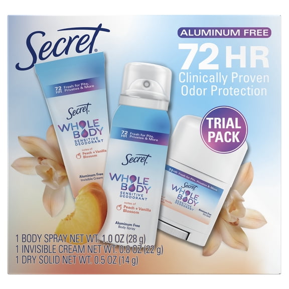 Secret Whole Body Deodorant for Women, Aluminum Free, Stick, Spray & Cream Peach & Vanilla, Regimen Pack