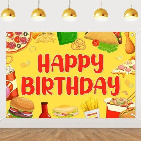 5x3FT Fast Food Happy Birthday Backdrop Hamburger Fries Pizza Decoration Banner Background for Fast Food Themed Photography Props Birthday Party Supplies