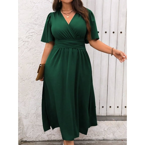 Plus Size Womens Dark Green Solid V-Neck Wrap Short Sleeve Maxi Dress