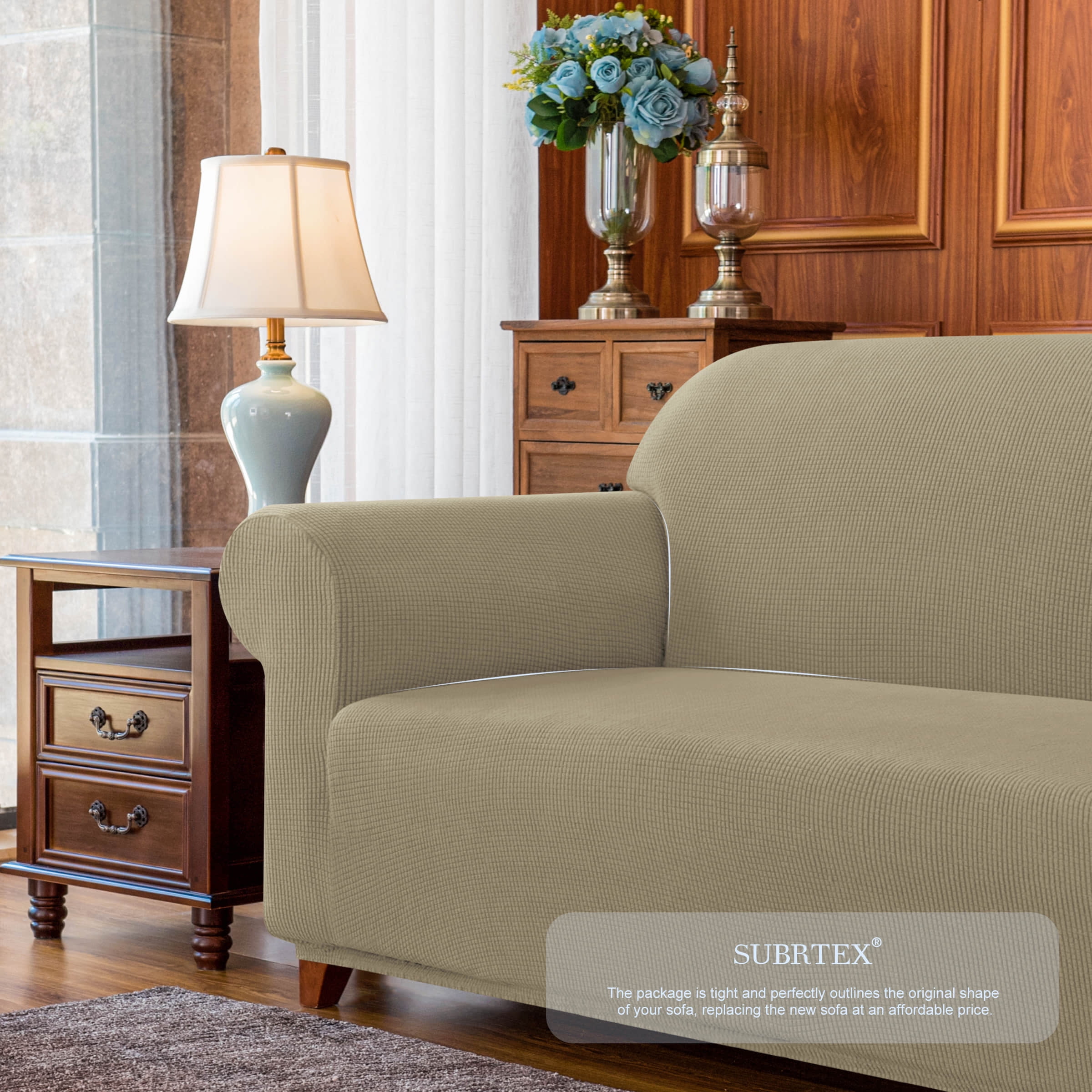 Subrtex Stretch 1-Piece Textured Grid Armchair Slipcover, Sand