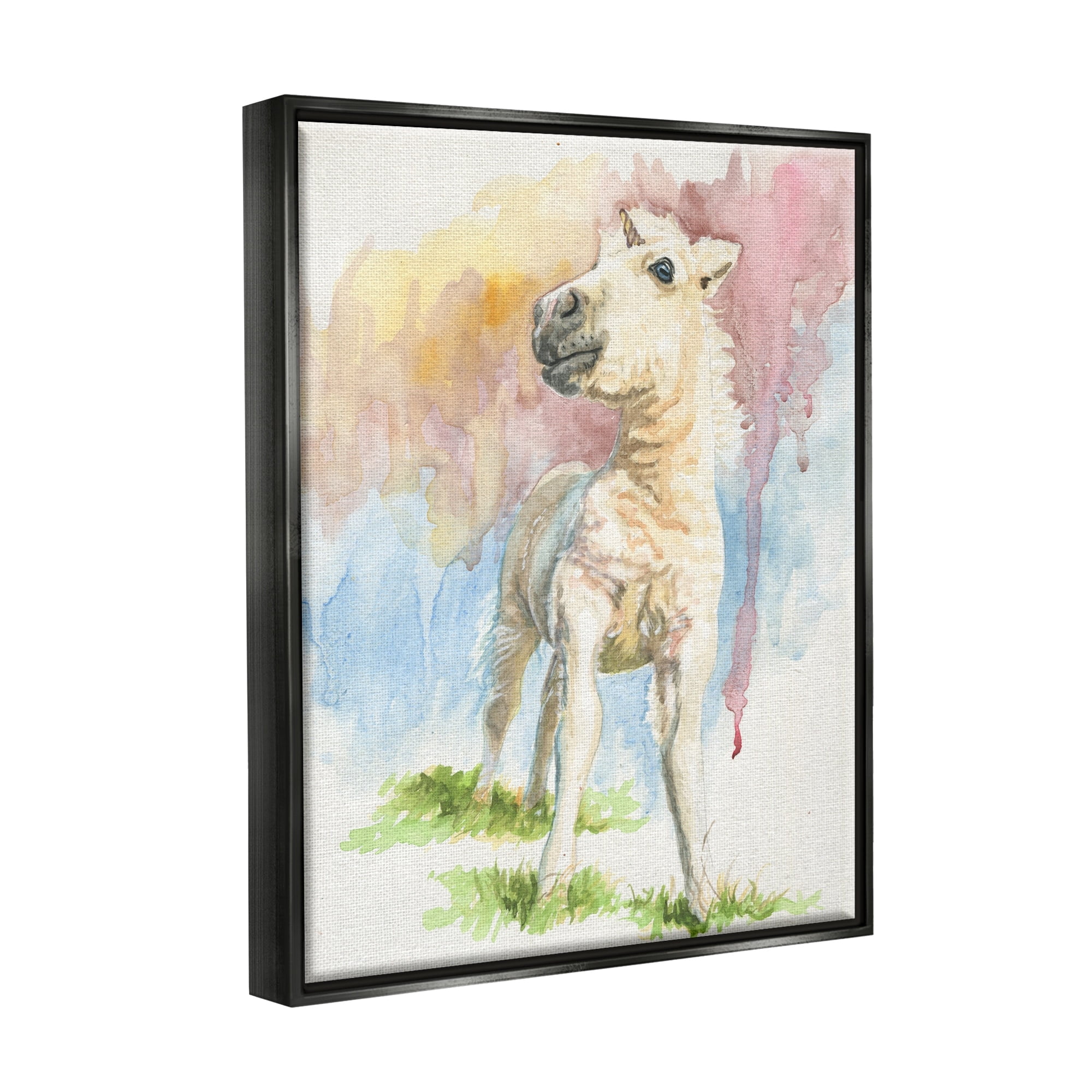 Stupell Industries Stoic Fantasy Unicorn Pastel Dripping Watercolor Detail Graphic Art Jet Black Floating Framed Canvas Print Wall Art, Design by Jennifer Redstreake