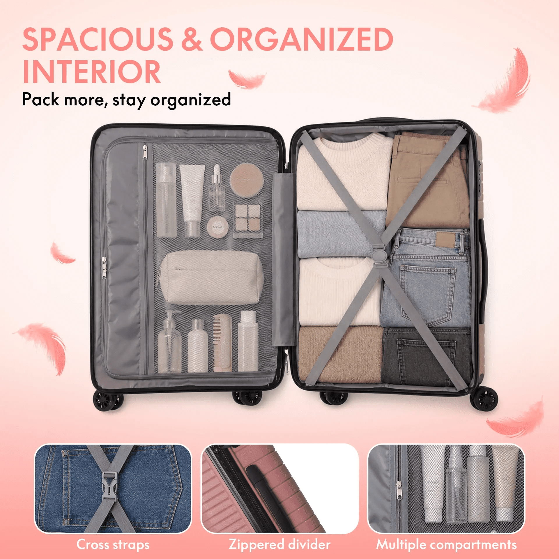 3-Piece PP Hardshell Luggage Set, Lightweight Scratch-Resistant Suitcases with TSA Lock, 4 Silent Spinner Wheels, 20"/24"/28", Dusty Pink