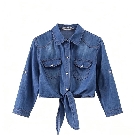 Ndbuld Jacket for Women Fashion Casual Solid Color Midriff-baring Long Sleeve Lapel Neck Denim Jacket,Blue,M