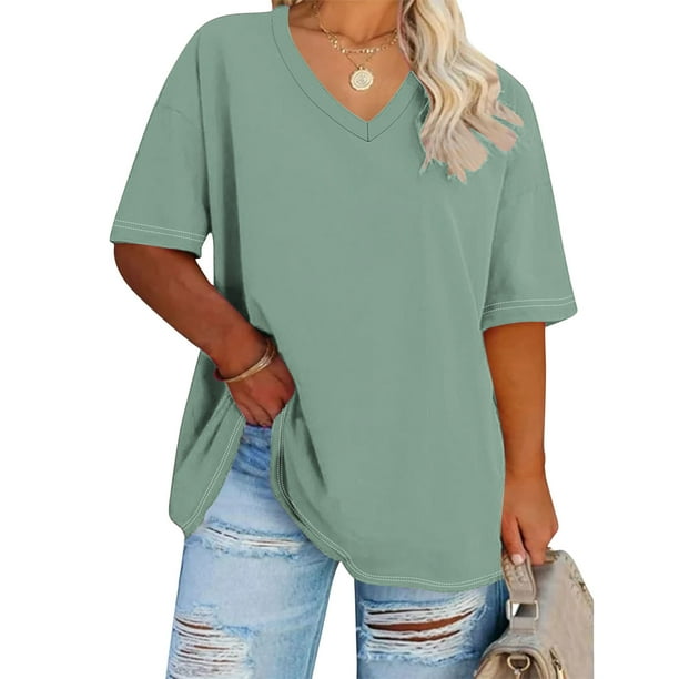 Cutuoiiu Women's Loose Short Sleeve V Neck Solid Color Oversized Tops Gifts
