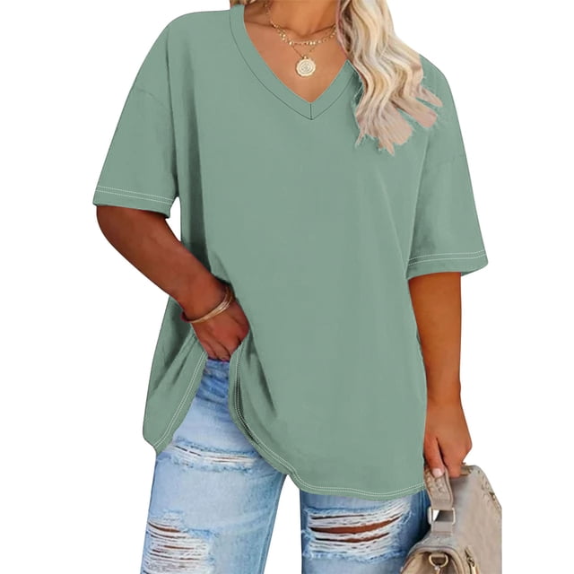 Cutuoiiu Women's Loose Short Sleeve V Neck Solid Color Oversized Tops Gifts