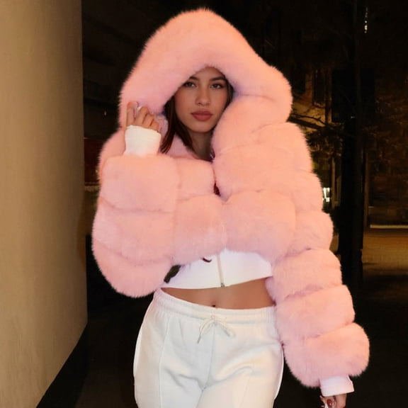 YueHuiYing Women's Faux Fur Coat Fluffy Fuzzy Shaggy Hooded Warm Long Sleeve Outerwear Jacket