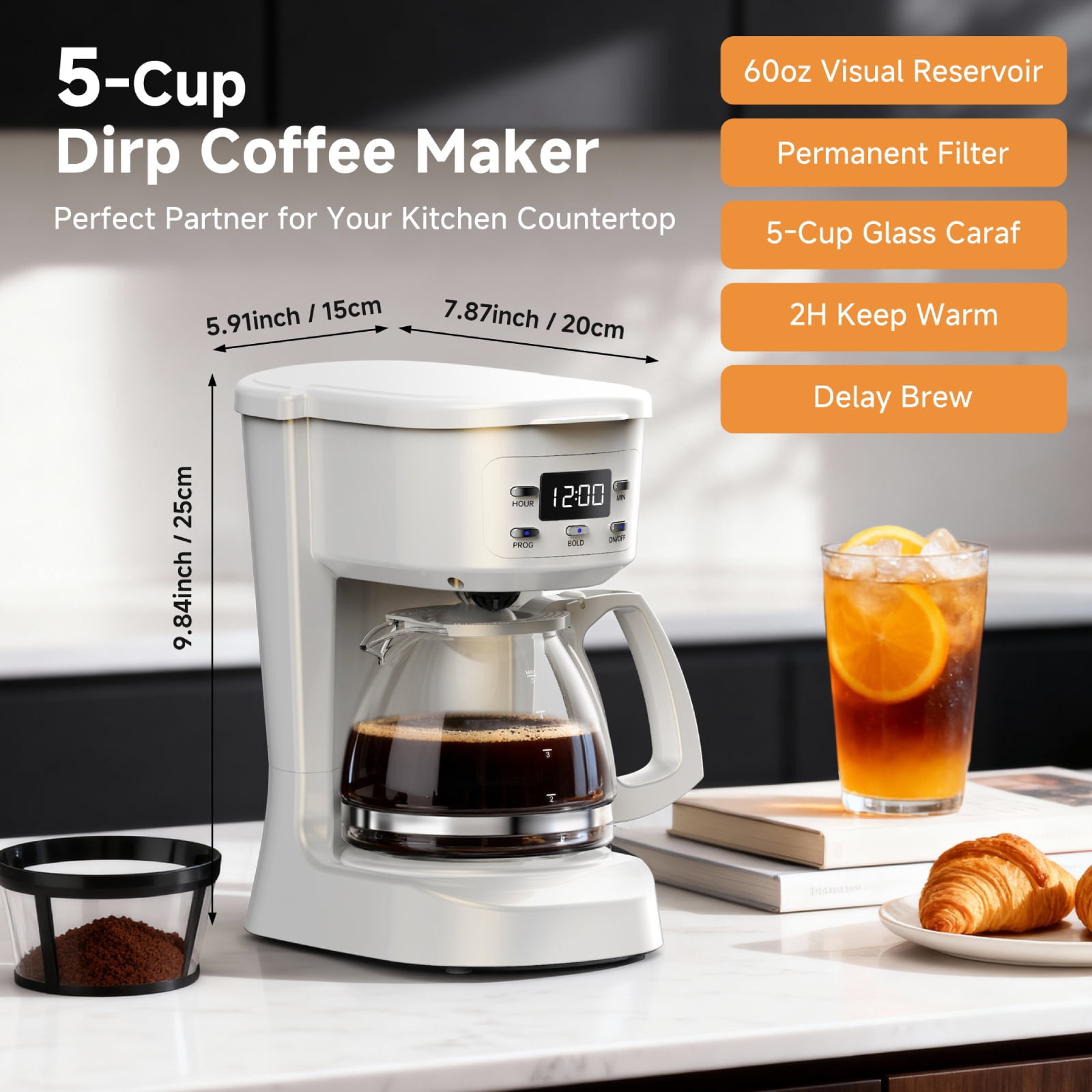 5 Cup Programmable Drip Coffee Maker with Auto Shut-off Function and Reusable Washable Water Filter Small Coffee Machine for Apartment