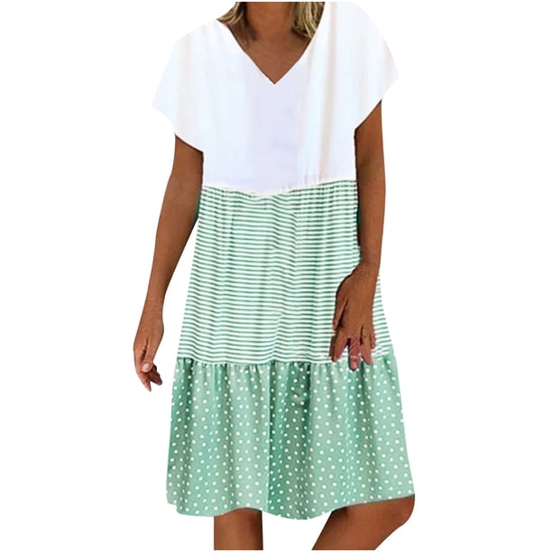Qucoqpe - Vestido corto informal de talla grande para mujer, de verano, holgado, a la moda, con cuello en V, rayas, lunares, manga corta, volantes, dobladillo escalonado, de lino, para playa y sol,