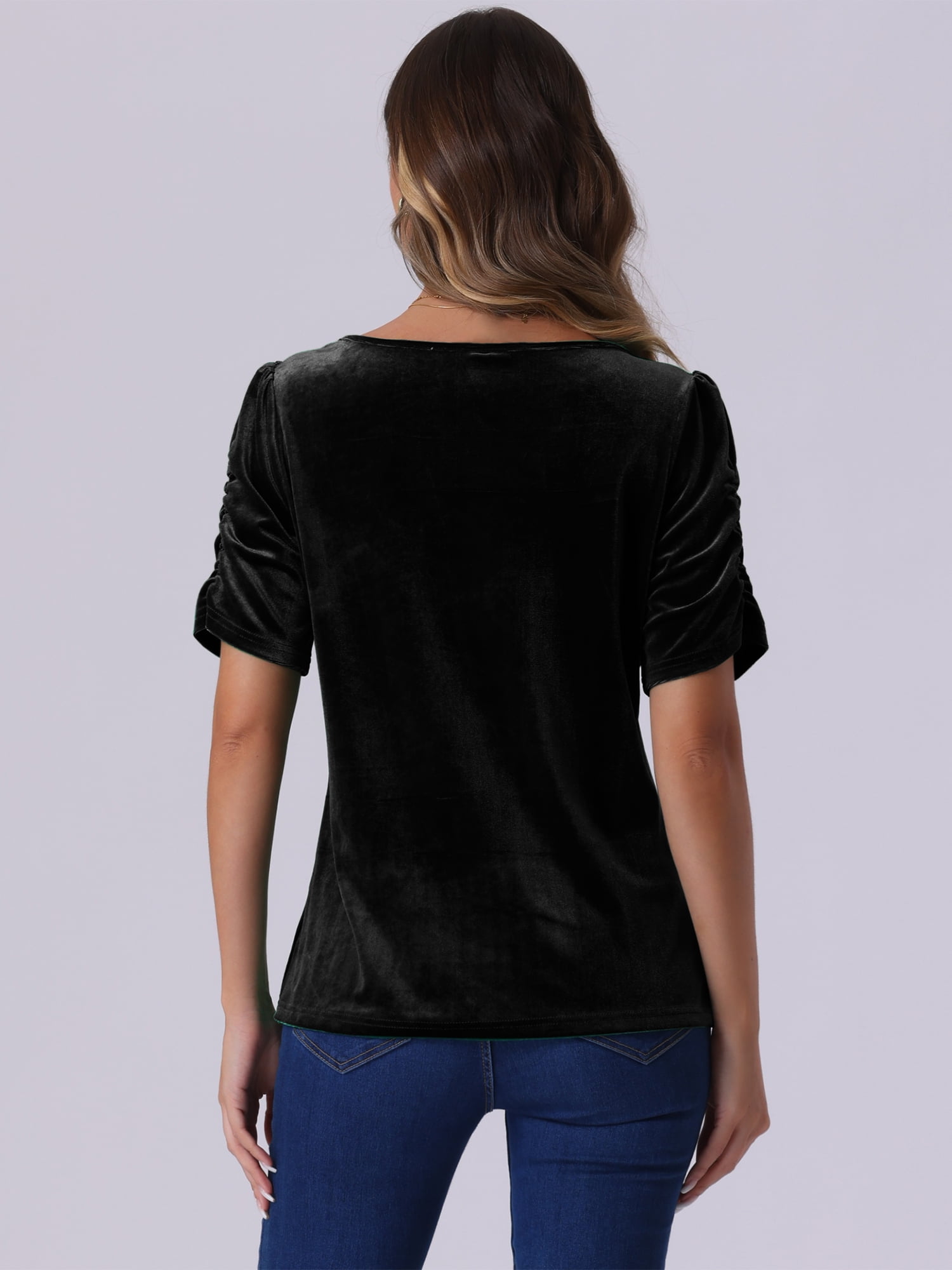 DARING DIVA Women's Round Neck Puff Short Sleeve Party Velvet Top M Black
