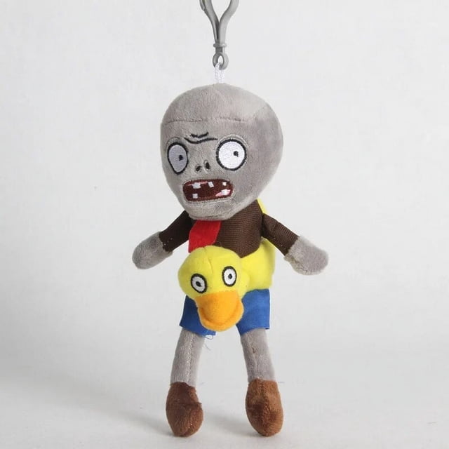 plants vs zombies juguetes colgantes de felpa, peashooter, cherry bomb, pvz, girasol, squash, guisante dividido, muñeco de peluche suave, bolso, encanto, regalo para niños — llavero colgante frontal de 20 cm con gancho metálico; peluche de felpa corta relleno de algodón PP, cuerpo multicolor con brazos y piernas grises, detalle amarillo en el torso y falda azul, costuras visibles y etiqueta lateral sobre fondo blanco; ideal como encanto decorativo para mochila o bolso.