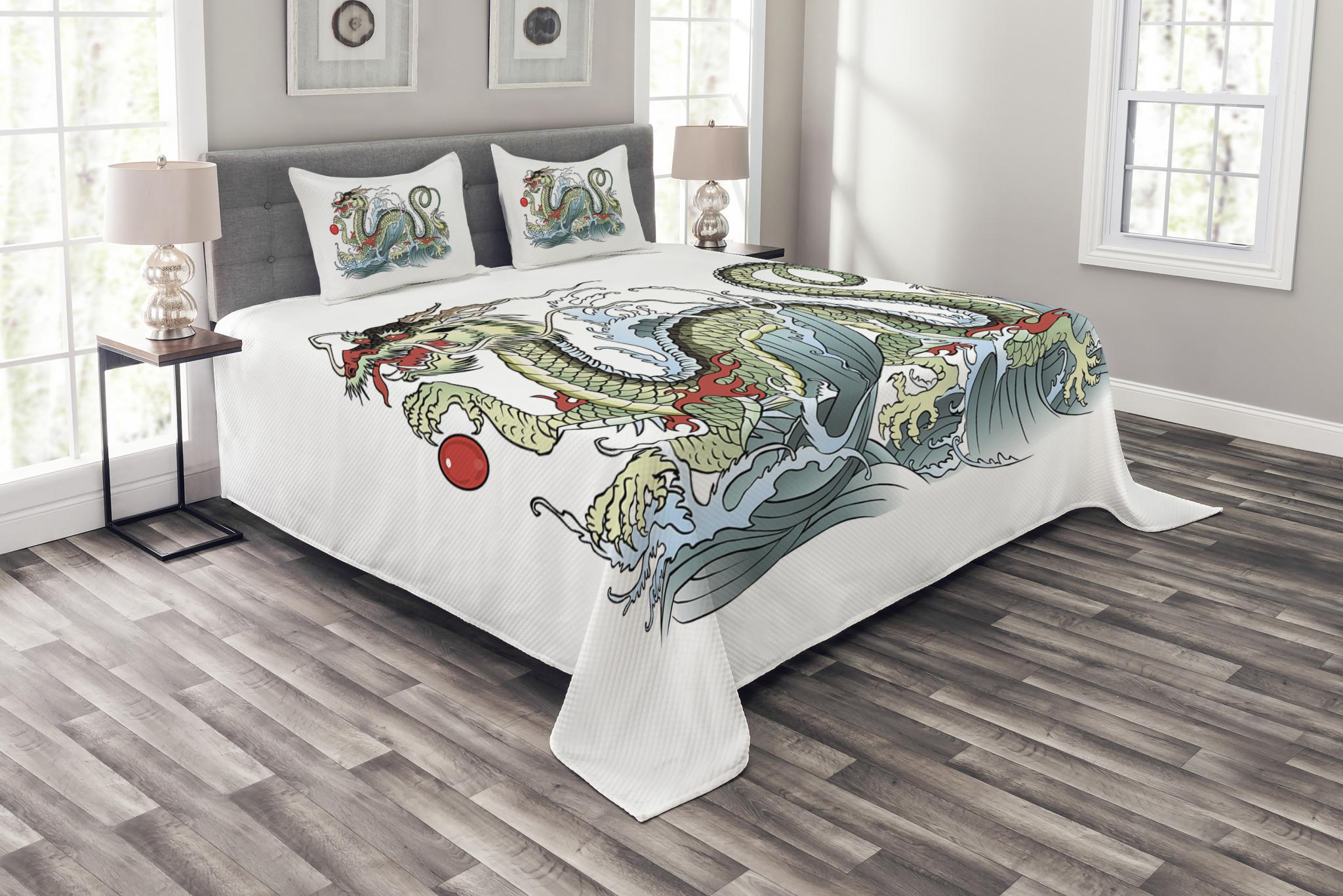 Japanese Dragon Bedspread Set, Far Eastern Water Dragon Splashing Waves