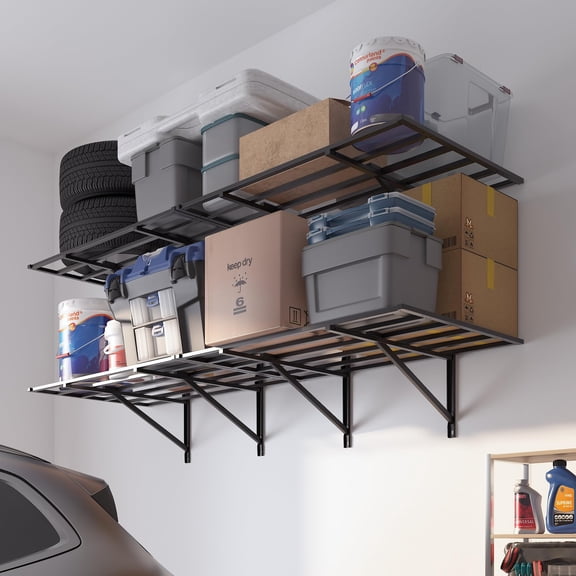 2 Pack Heavy Duty Garage Shelves, 1600lbs Total Weight Capacity, Wall Mounted Storage Rack 24x75 Inch, Black