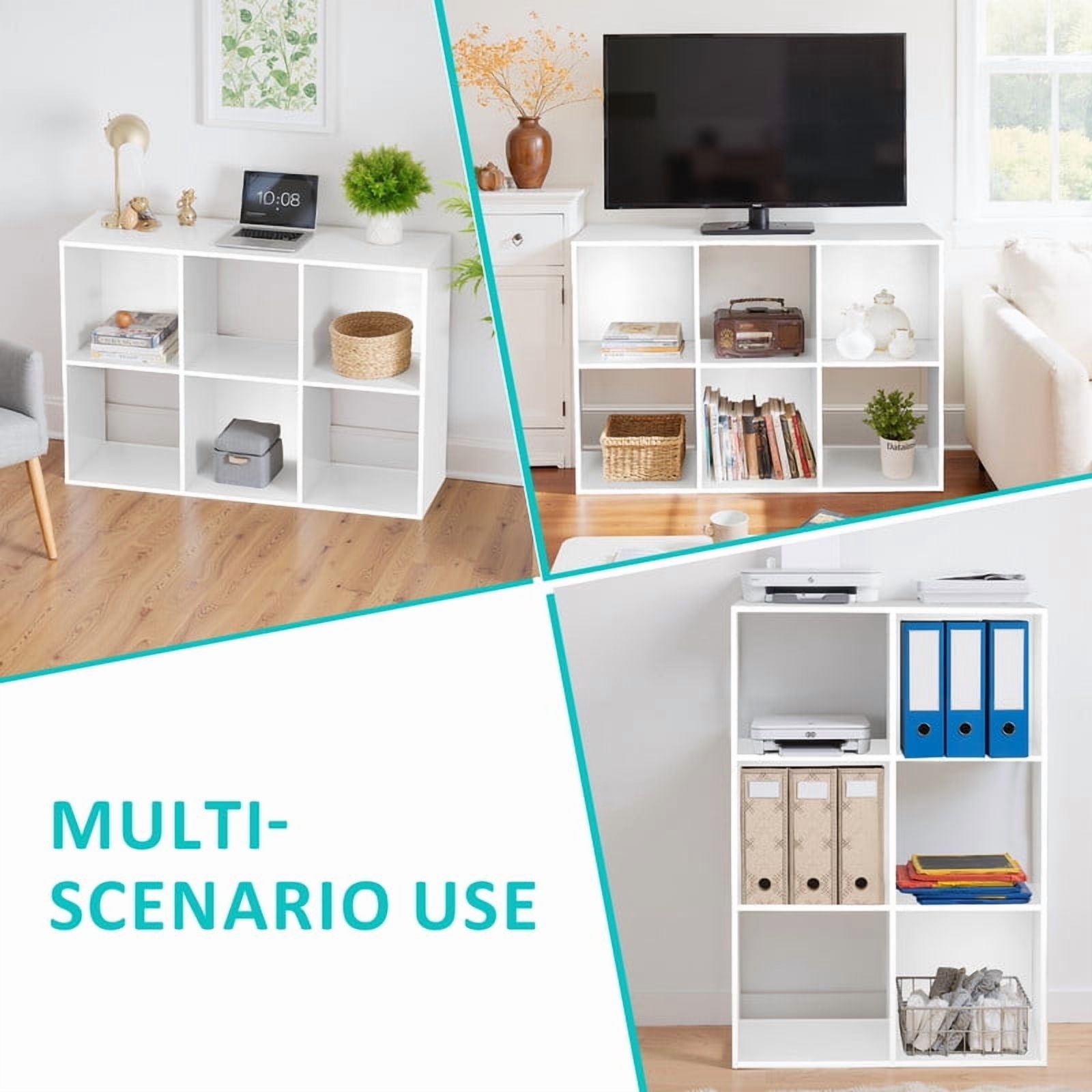 Beddle 6-Cube Storage Organizer, Open Bookshelf with Removable Back Panels, White Wood Bookcase for Living Room, Bedroom and Home Office