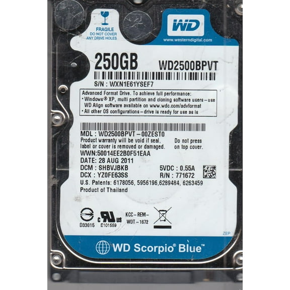 WD2500BPVT-00ZEST0, DCM SHBVJBKB, Western Digital 250GB SATA 2.5 Hard Drive