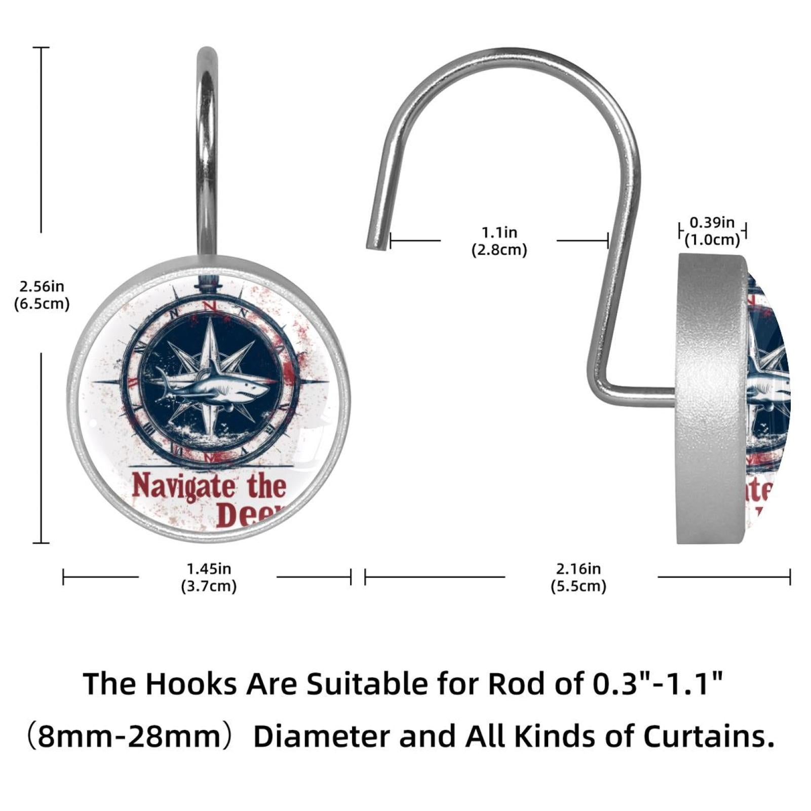 12pcs Decorative Shower Curtain Hooks, Rust Resistant Shower Rings for Bathroom Living Room,Rustproof Stainless Steel Rings for Shower Curtain and Liner Rods,Navigate the Deep Shark