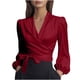 thumbnail image 3 of TaTaai Women’s Casual V Neck Satin Blouse Long Sleeve Tie Strap Loose Fit Solid Color Printless T Shirts Soft Polyester Winter Holiday Wear Gift, 3 of 8